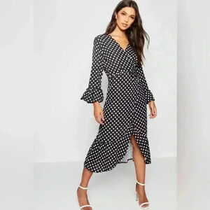 Boohoo WRAP FRONT Green POLKA DOT RUFFLE HEM MIDI DRESS XL